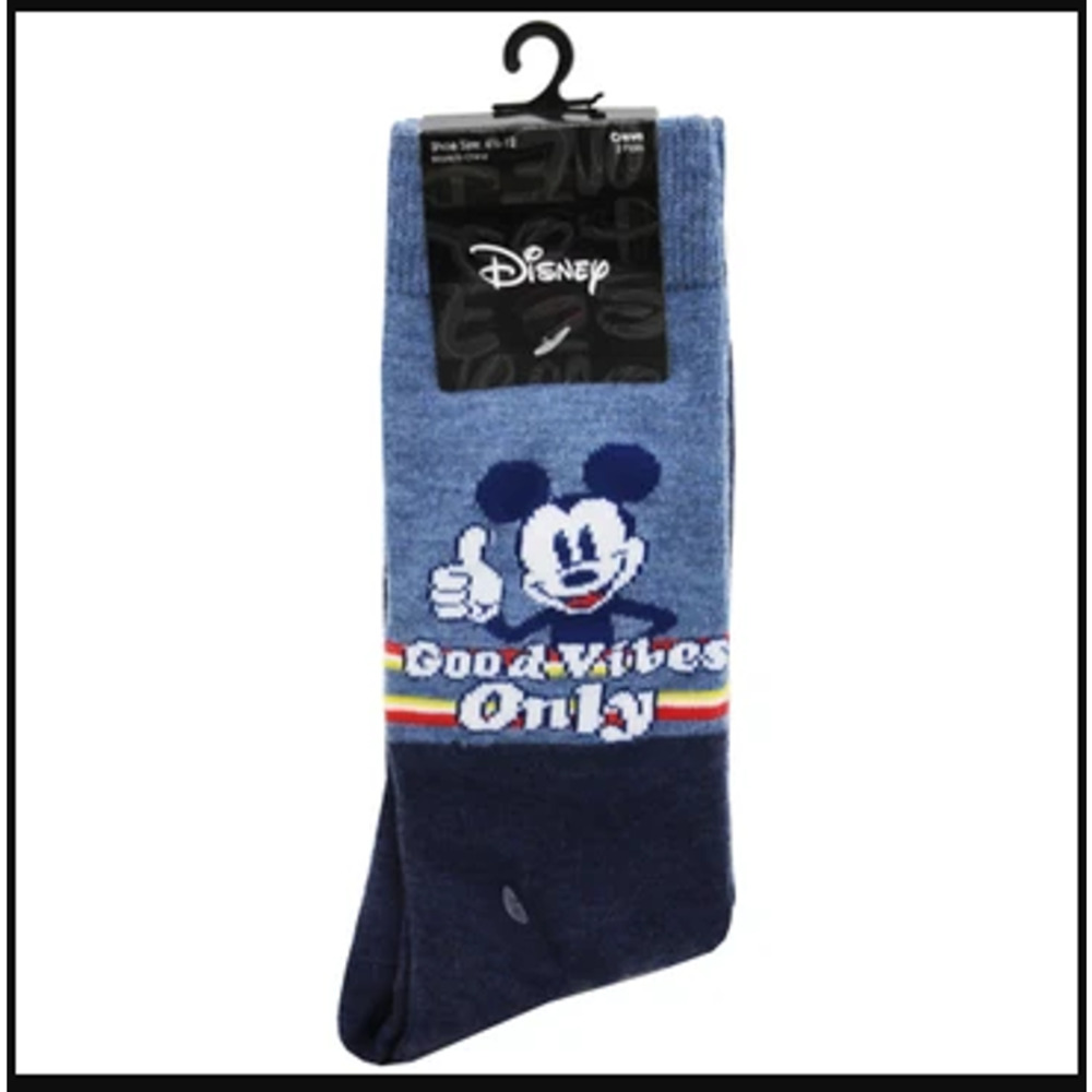 Disney Mickey Mouse Men's Crew Socks 2 Pack Size 10-13 Blue Gray Good Vibes Only